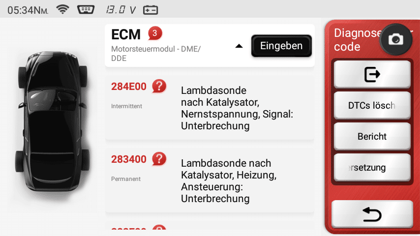 Wynik skanowania OBD2 i wyświetlenie kodów błędów z opisem