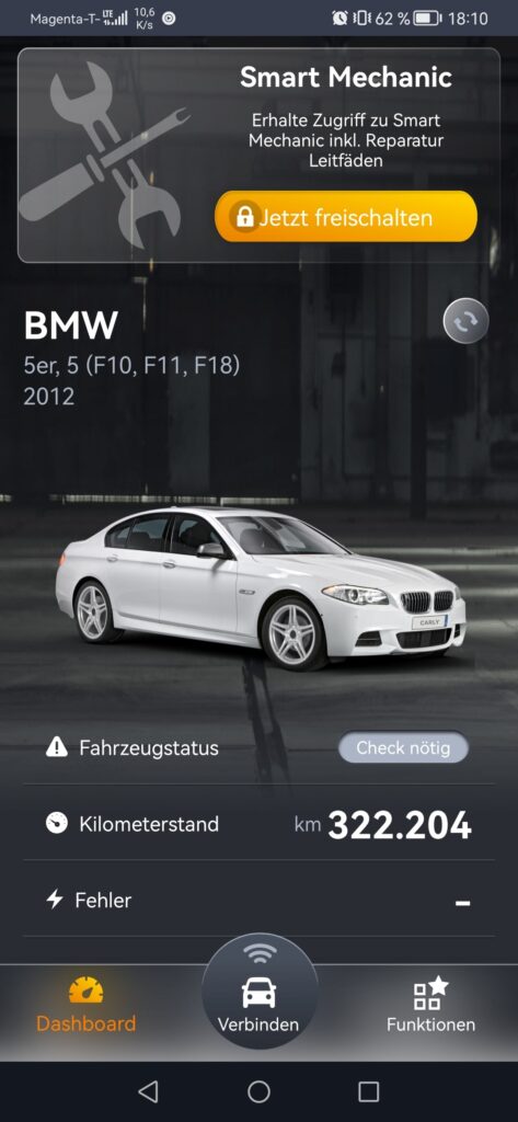 Odczyt pamięci błędów za pomocą aplikacji diagnostycznej "Carly" / zrzut ekranu deski rozdzielczej