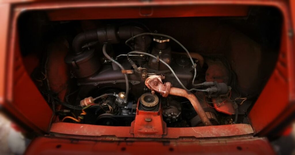 Importierter Oldtimer RENAULT 650E mit dem Motor hinten im Kofferraum.