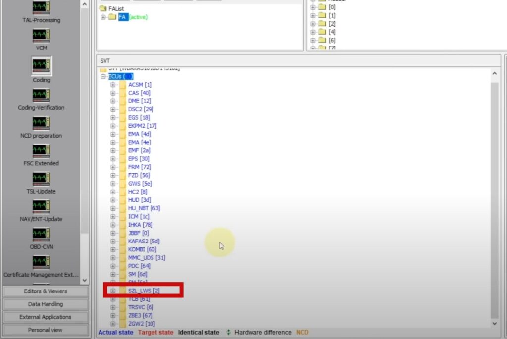 Control units list BMW F models (with steering column switch (SZL_LWS))