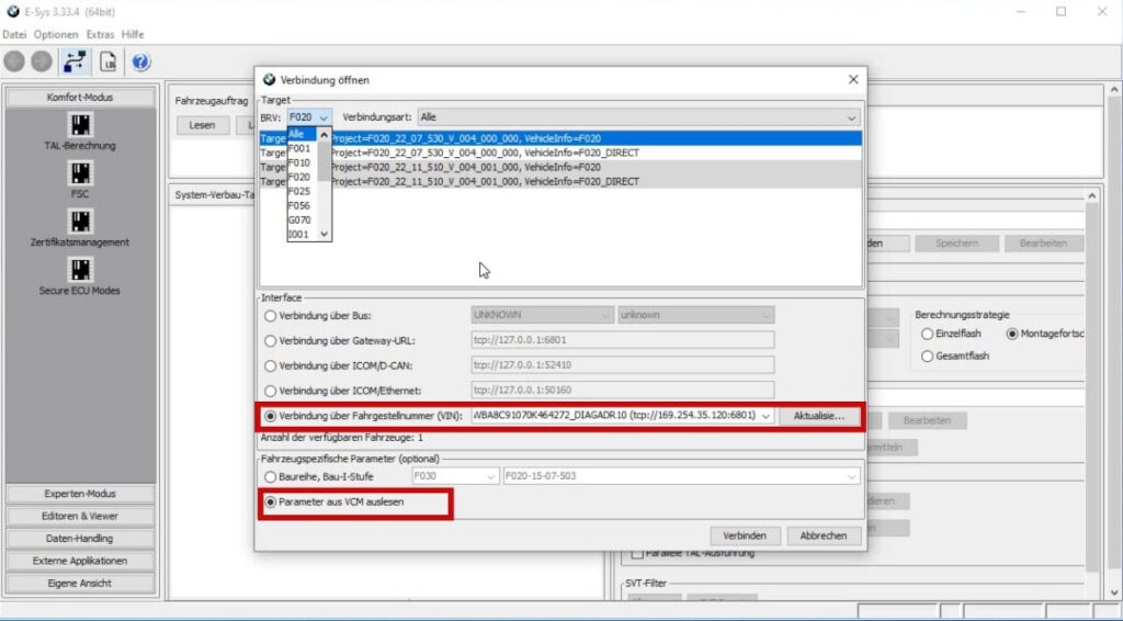 Connection window E-Sys