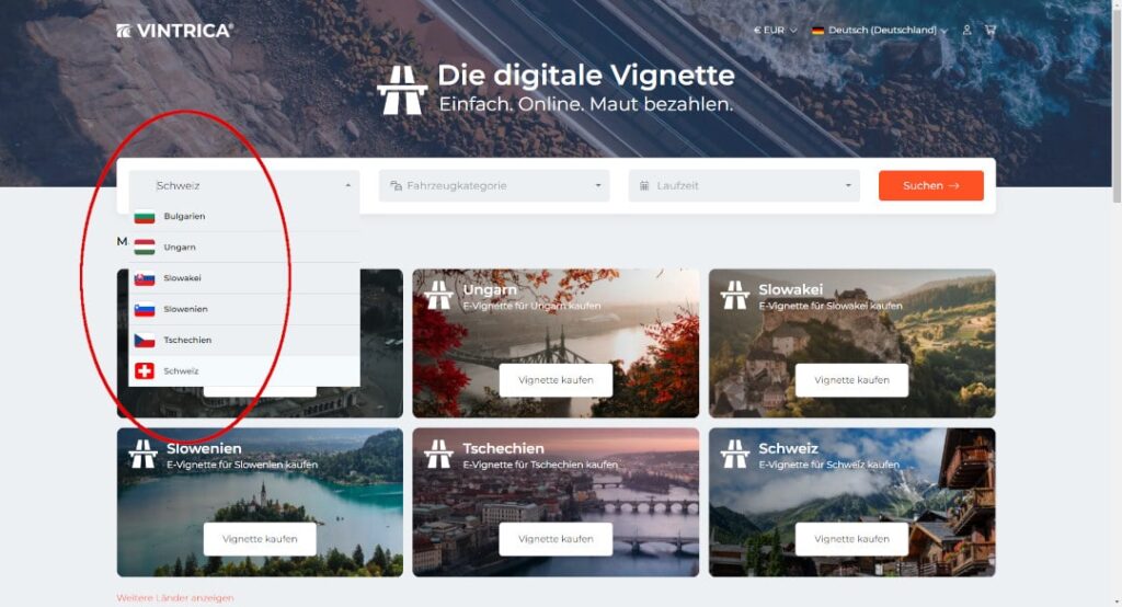 Länderauswahl für Vignetten