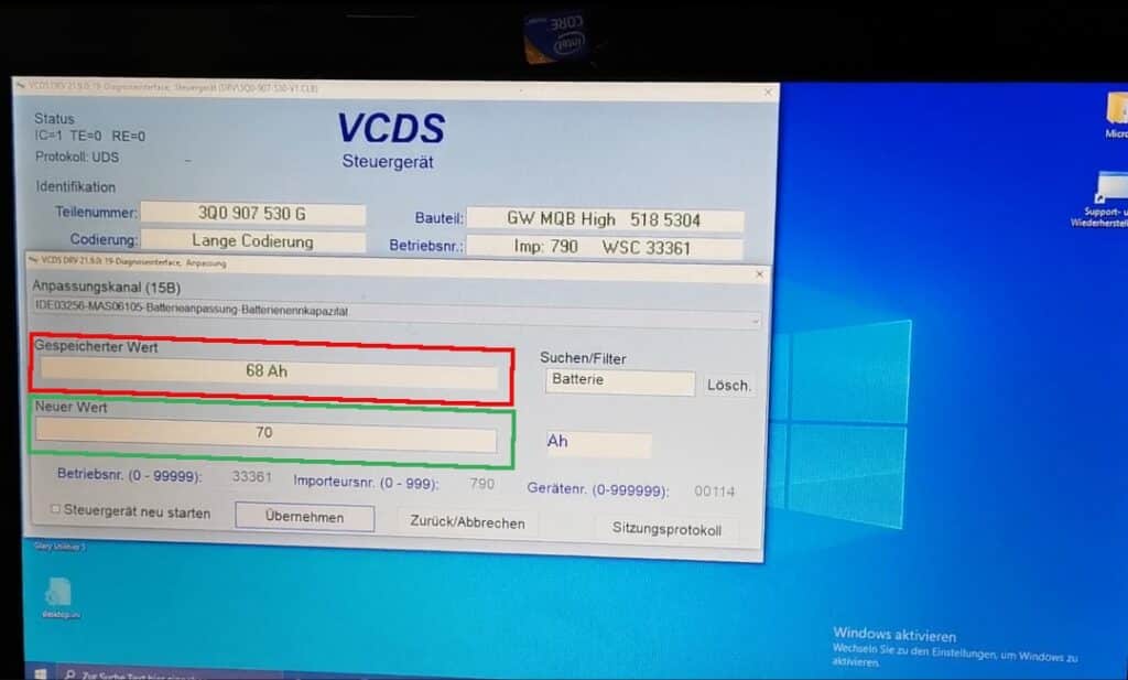 Dostosowywanie VCDS Ah Wprowadź 70Ah w polu "Nowa wartość", pojemność baterii
