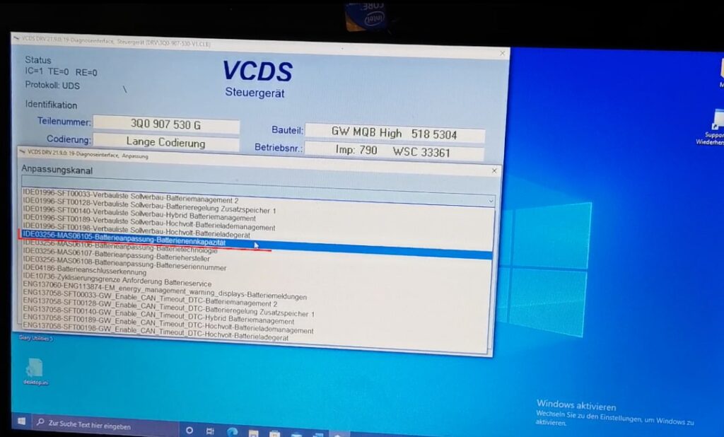 Pojemność baterii kanału regulacji VCDS Wybierz pojemność baterii z menu rozwijanego