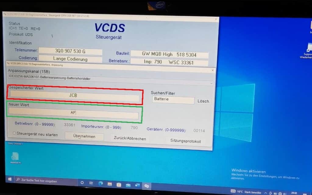Pole wpisywania producenta VCDS Programowanie akumulatora: Podaj producenta akumulatora (skrócone)