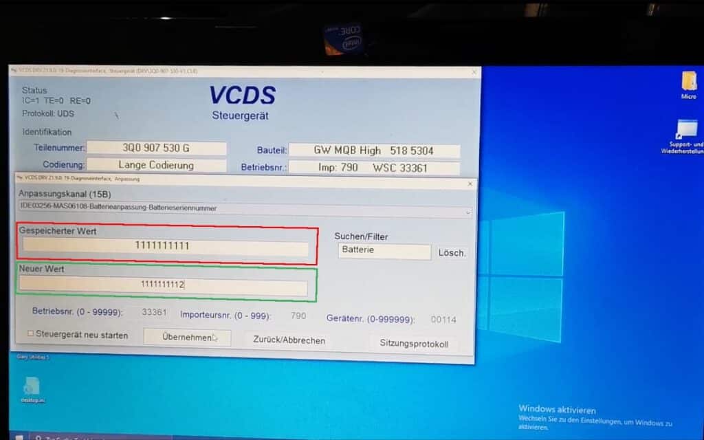 Zmiana numeru seryjnego VCDS Wprowadź "1111111112" jako nowy numer seryjny.