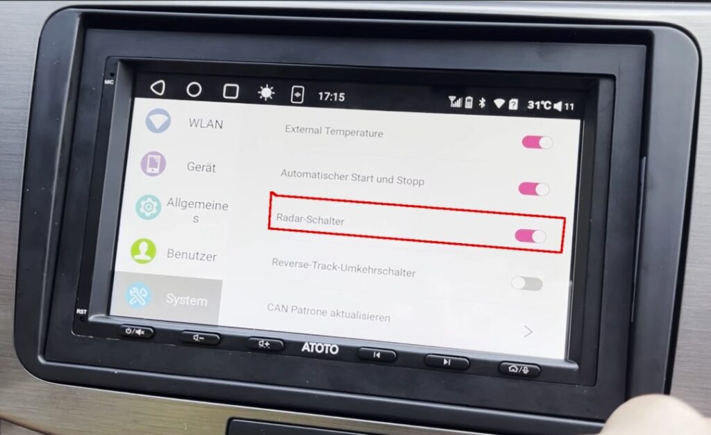 Ustawienia czujników parkowania ATOTO Włącz sygnał dla czujników parkowania