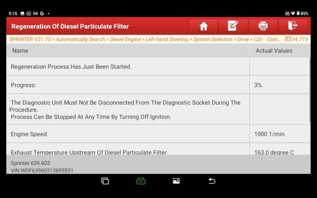 Regeneración del filtro de partículas diésel Start_Interface Lanzar dispositivos de diagnóstico CRP919E BT DPF Regeneración Inicio
