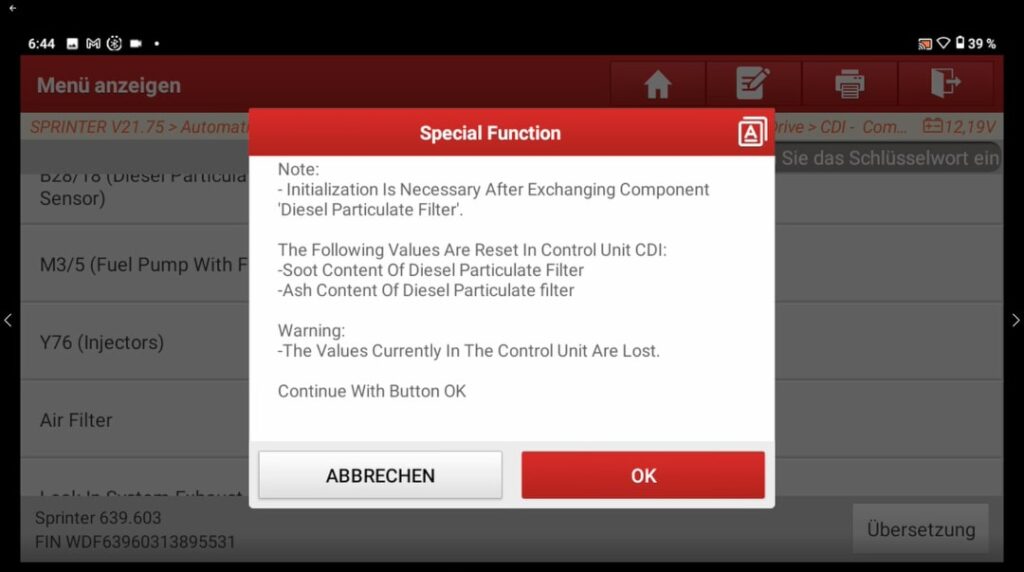 Filtro de partículas diesel reset_reprogramación CRP919E BT Infobox Reajuste del filtro de partículas diésel