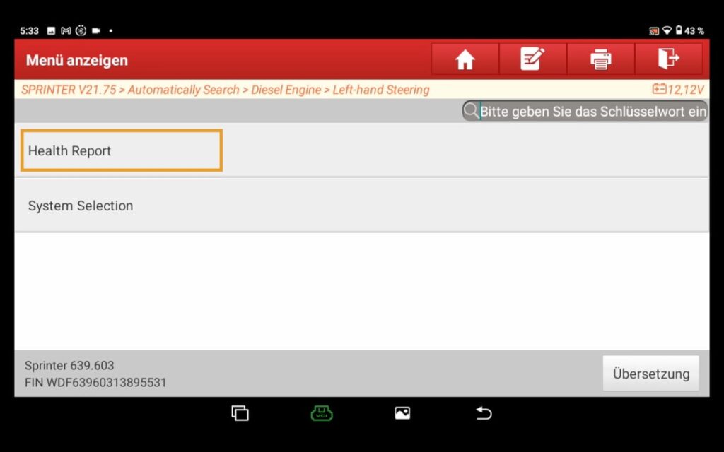 Ruta del menú Informe de salud Menú "Informe de salud