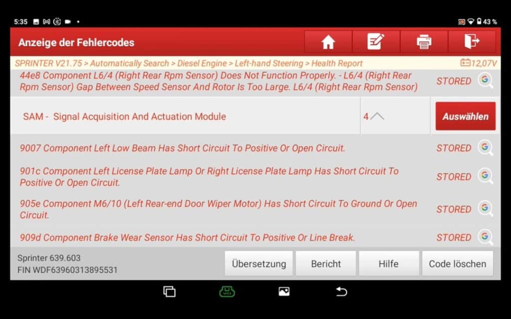 Pantalla de inicio Códigos de error Informe de salud Dispositivos de diagnóstico Launhc Análisis e informe de códigos de error