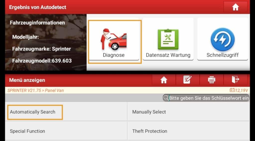 Ruta del menú de diagnóstico OBD Menú "Búsqueda automática
