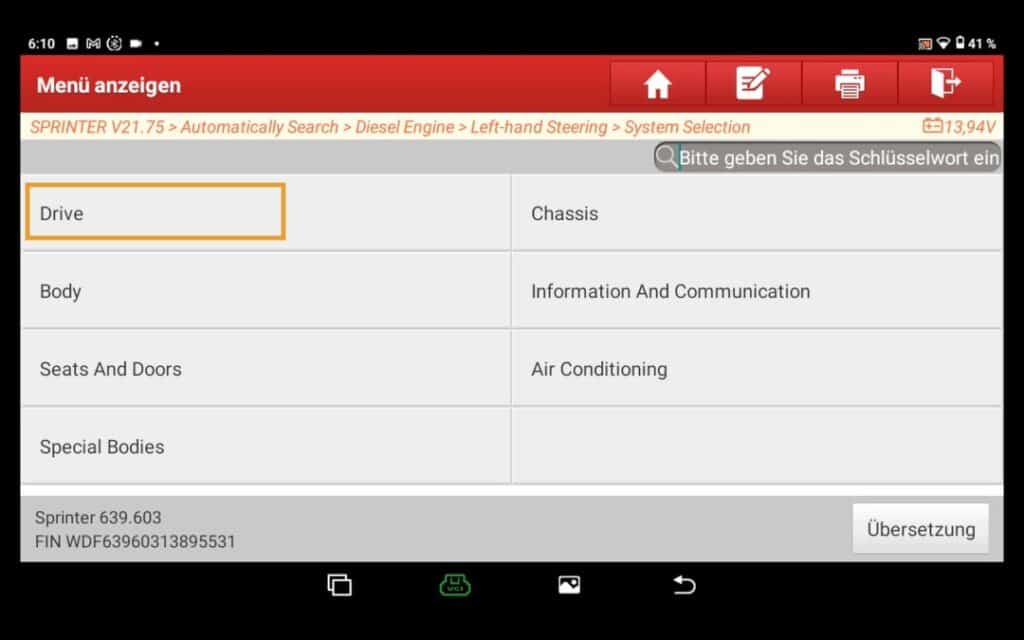 Selección del sistema Menú Unidad Menú "Drive