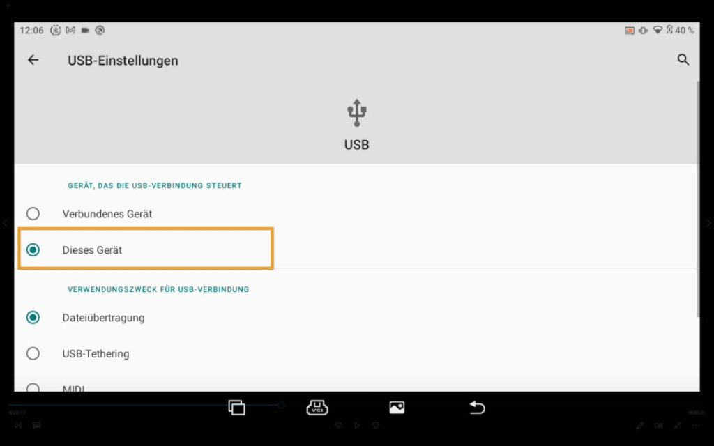 Conectar la configuración USB Iniciar con el PC Ajustes: Conexión a través de este dispositivo