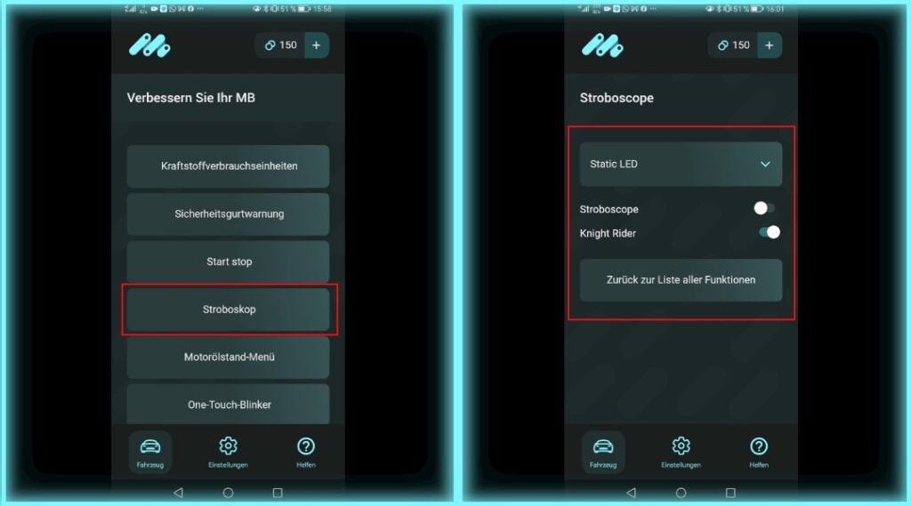 Aplikacja MBito Kodowanie Stroboskop_Knight Rider Wybierz punkt listy "Stroboskop" i wybierz efekt