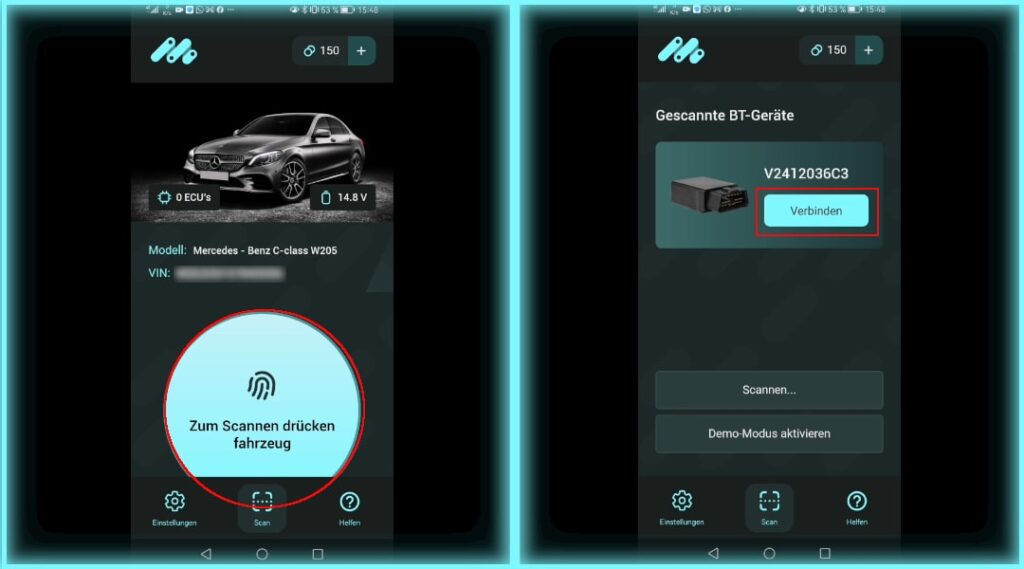 Aplikacja MBito – Pierwsze kroki 1.) Połącz adapter 2.) Wykonaj skanowanie pojazdu