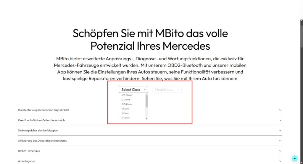 Zrzut ekranu konfiguratora na stronie MBito Konfigurator MBito do kodowania twojego Mercedesa-Benz