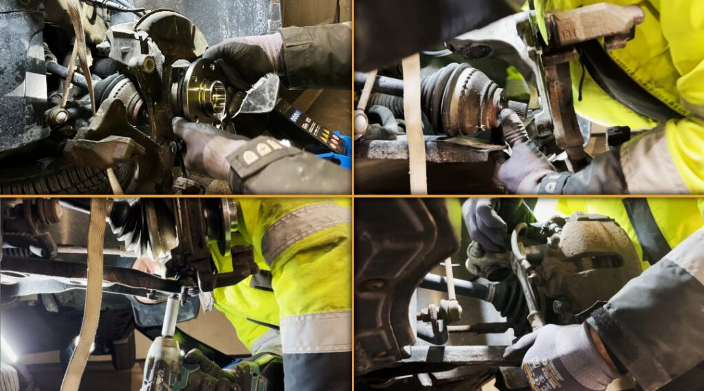 Kolaż procesu ponownego montażu łożyska koła z piastą Wymiana łożyska koła samodzielnie: Ponowny montaż