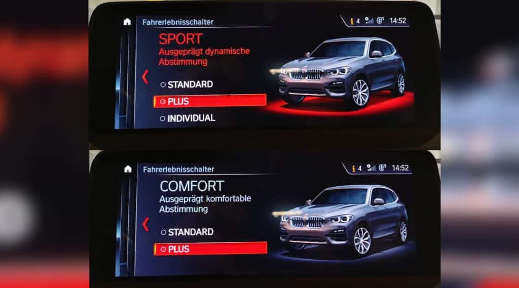 Collage SportPlus and ComfortPlus BMW Sport Plus coding: Sport Plus and Comfort Plus as driving mode selection options with the driving experience switch