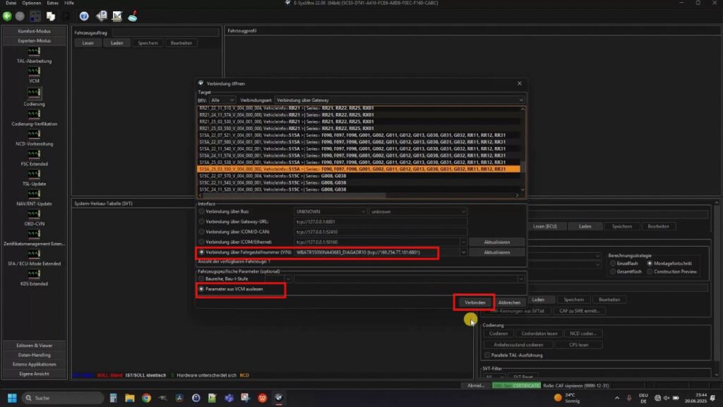 ESys Ultra connection window Select the chasis and connection settings