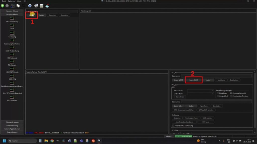 Read FA and read ECU Reading the vehicle order and reading out the control units
