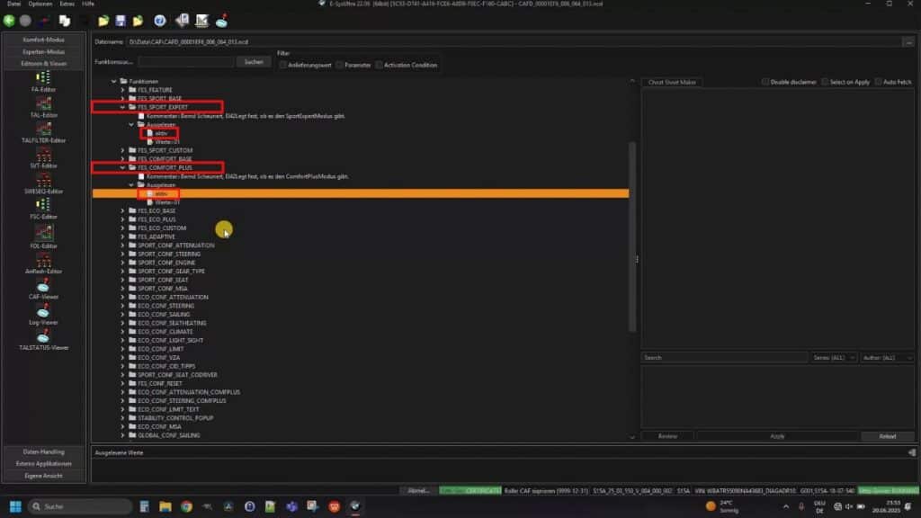 FES_SPORT and FES_COMFORT parameters Coding BMW Sport Plus: Set FES_SPORT and FES_COMFORT to active