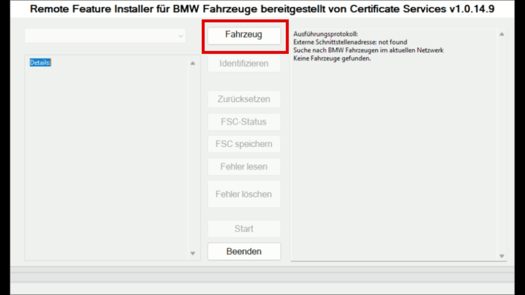 Feature Installer_Fahrzeug BMW Carplay freischalten: Auf Button "Fahrzeug" klicken