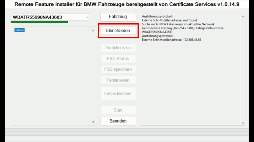 Feature Installer_Identifizieren BMW Carplay freischalten: Auf Button "Identifizieren" klicken