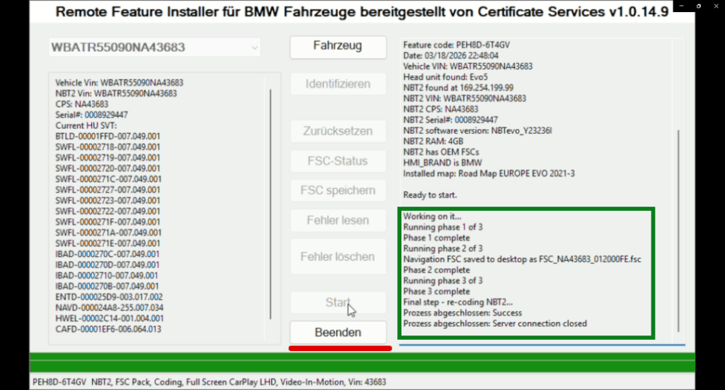 Feature Installer_Prozess BMW Carplay freigeschaltet: Prozess abgeschlossen