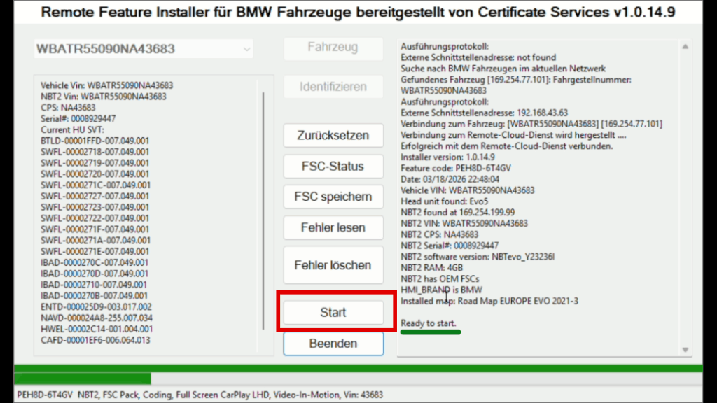 Feature Installer_Start BMW Carplay freischalten: Auf Button "Start" klicken