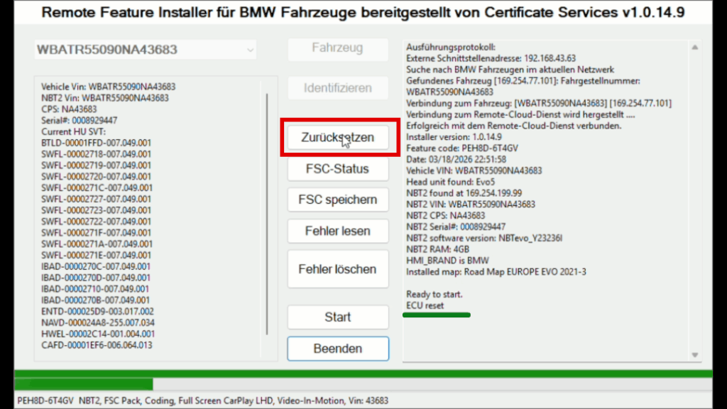 Feature Installer_Zurücksetzen BMW Carplay freischalten: Auf Button "Zurücksetzen" klicken um HU neustarten